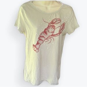 Embellished Lobster Coral Red On Oatmeal Short Sleeved Tee w/ Beads Sequins ~ S